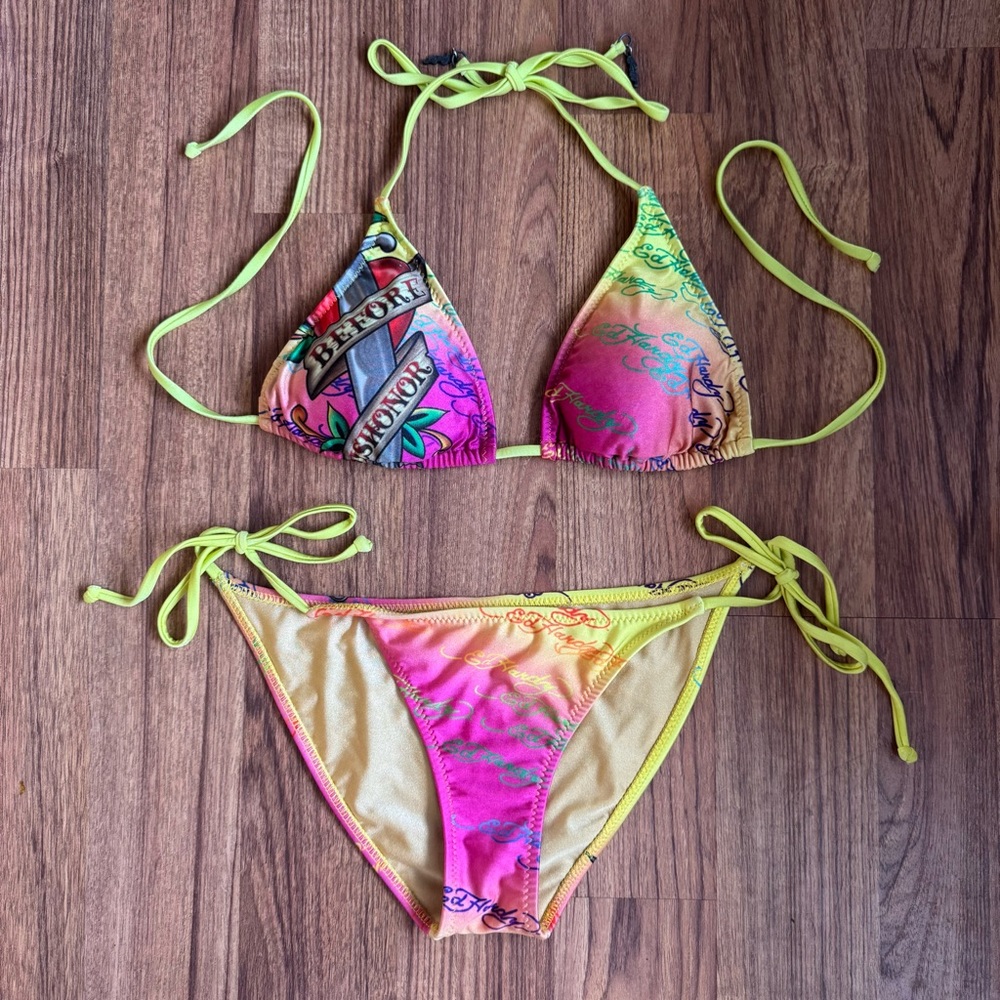 ED HARDY Vintage Y2K Rare Pink Yellow Dishonor Edgy String Triangle Bikini Set